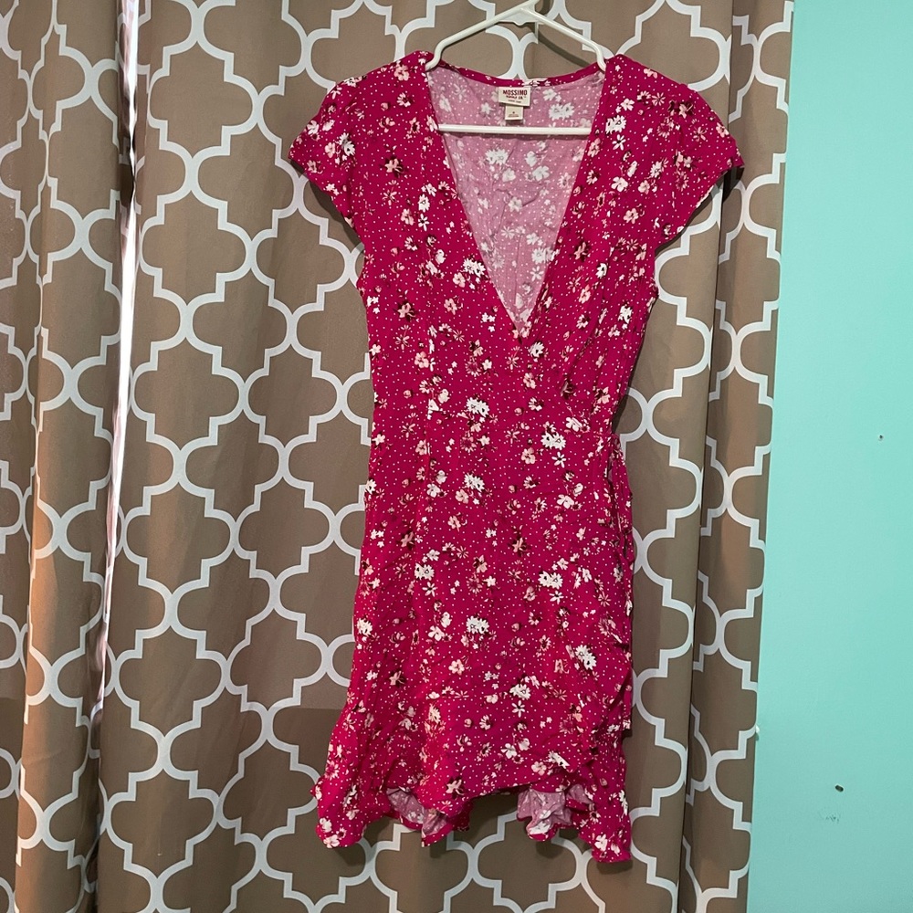Pink printed wrap dress, size small.